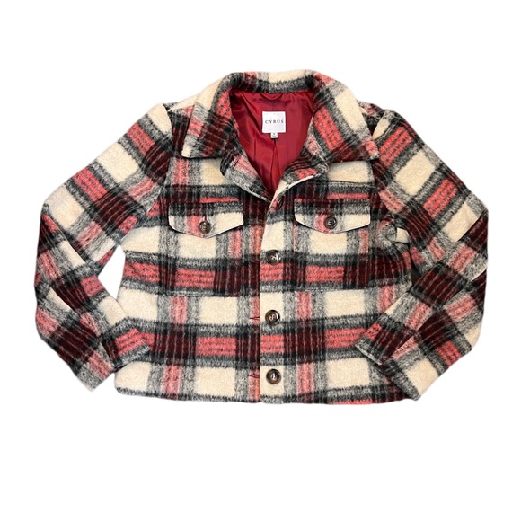 Aritzia Jackets & Blazers - Red black plaid cropped boxy shirt jacket shacket size medium